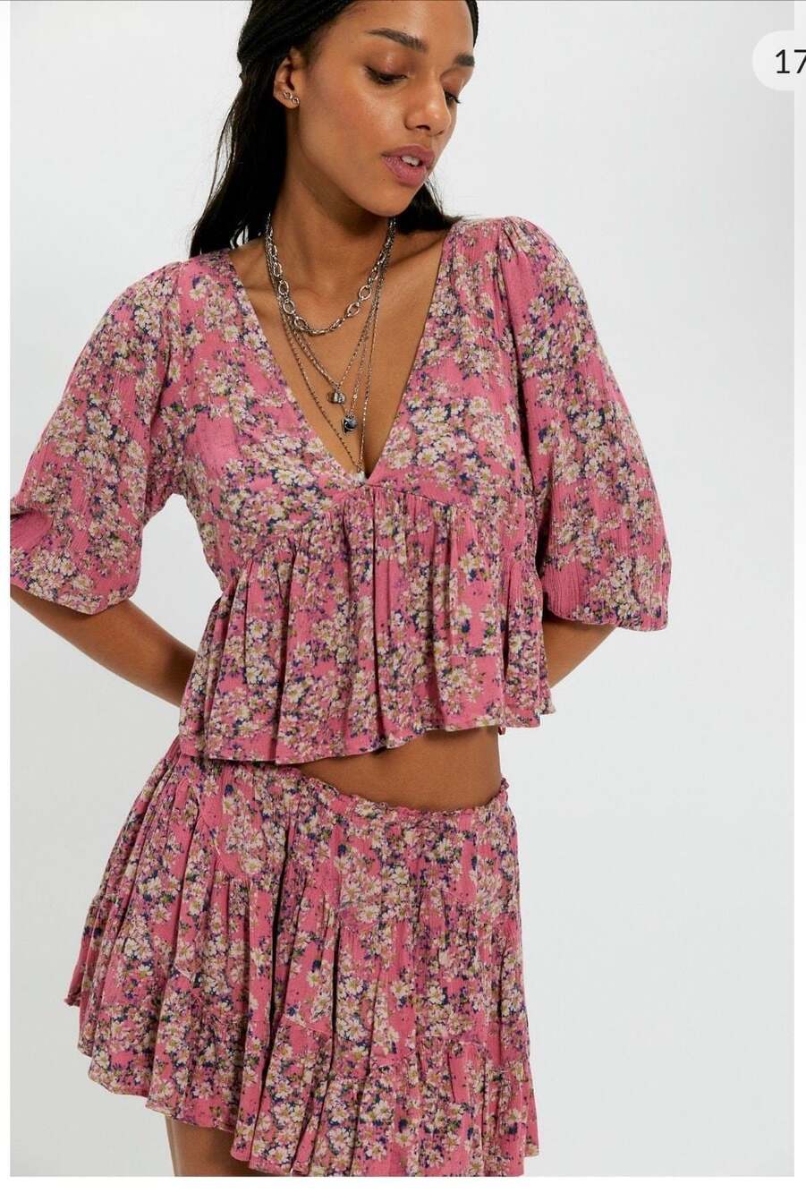 Free People Perishing Printed Floral V-Neck 3/4 Sleeve Top and Mini Skirt Set
